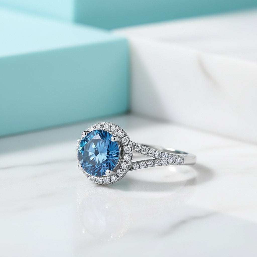 1.0 Ct Round Cut Sapphire Birthstone Halo Engagement Ring-Evani Jewelry