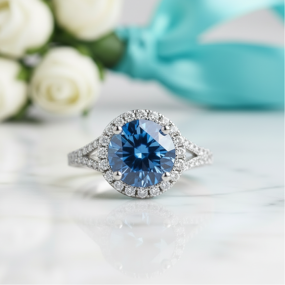 1.0 Ct Round Cut Sapphire Birthstone Halo Engagement Ring - Evani Naomi Jewelry