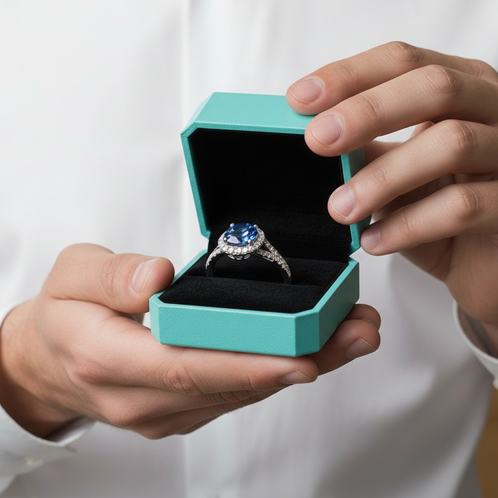 1.0 Ct Round Cut Sapphire Birthstone Halo Engagement Ring