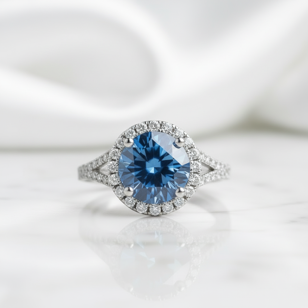 1.0 Ct Round Cut Sapphire Birthstone Halo Engagement Ring