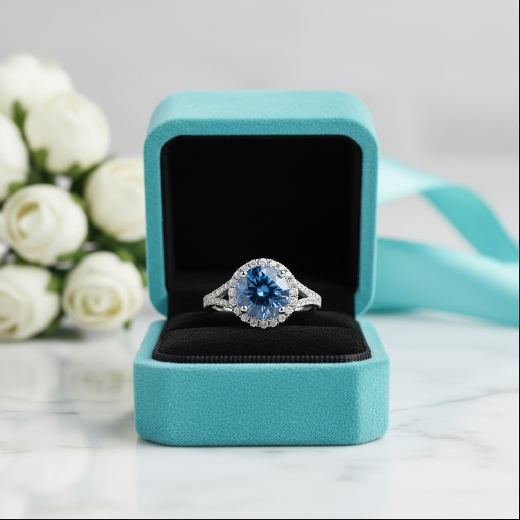 1.0 Ct Round Cut Sapphire Birthstone Halo Engagement Ring - Evani Naomi Jewelry