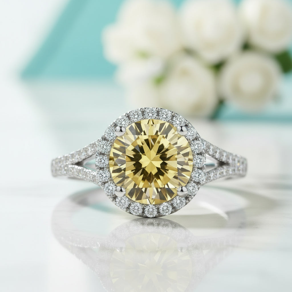 1.0 Ct Round Cut Diamond Topaz Birthstone Halo Engagement Ring-Evani Jewelry