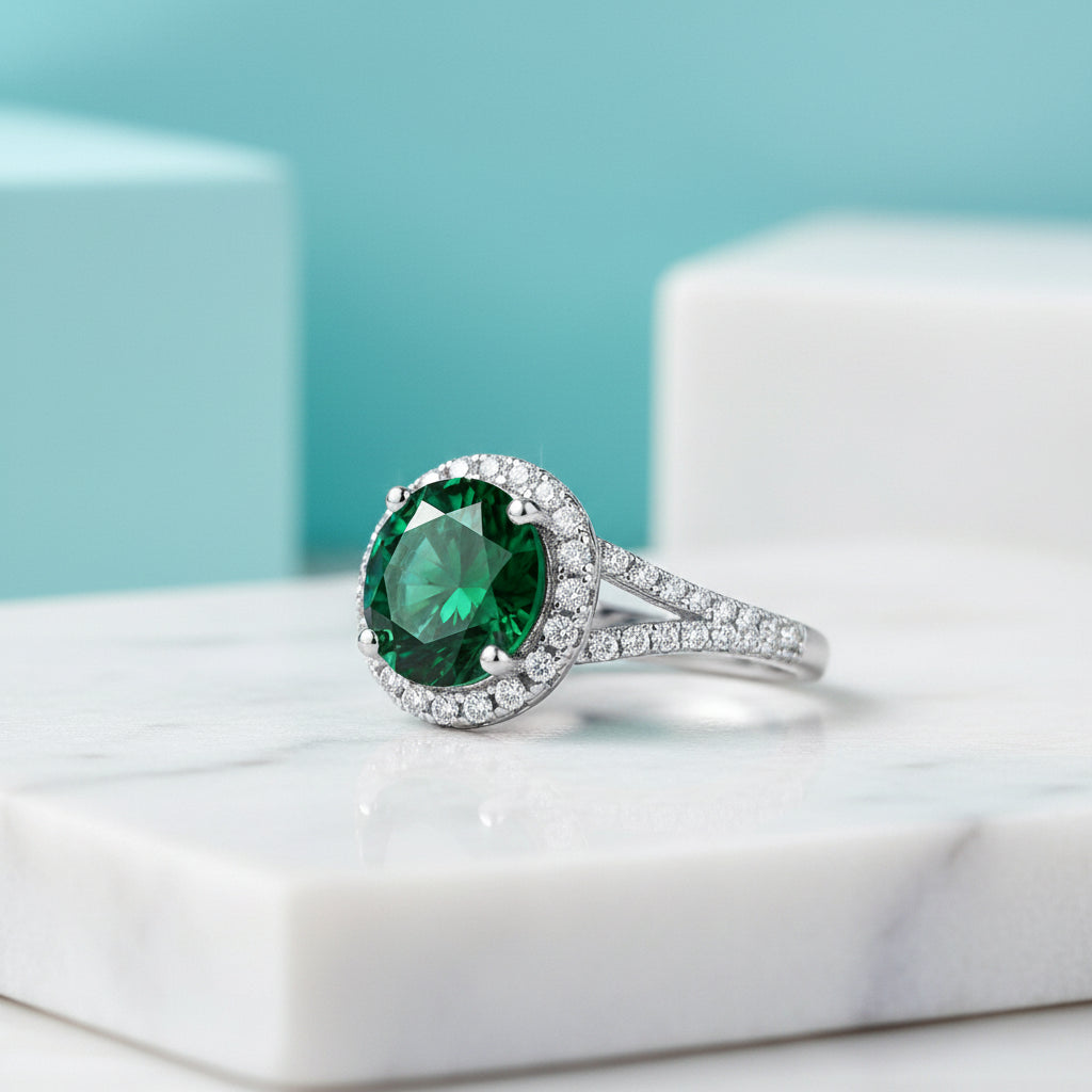 1.0 Ct Round Cut Emerald Birthstone Halo Engagement Ring-Evani Jewelry