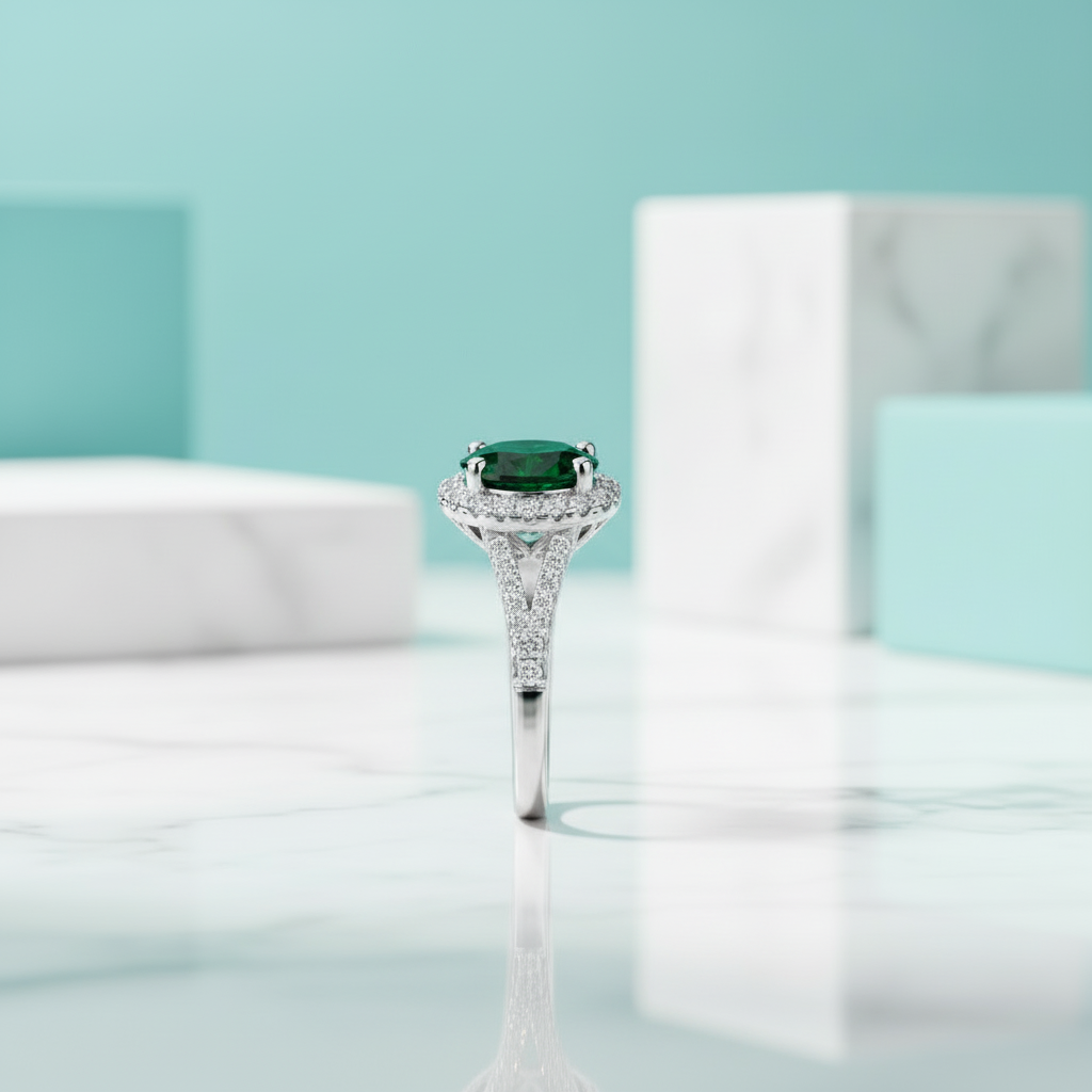 1.0 Ct Round Cut Emerald Birthstone Halo Engagement Ring-Evani Jewelry