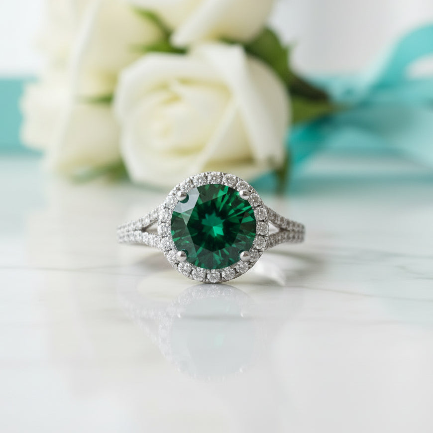 1.0 Ct Round Cut Emerald Birthstone Halo Engagement Ring-Evani Jewelry