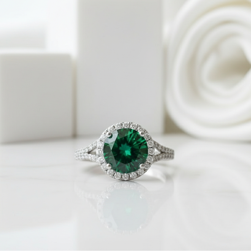 1.0 Ct Round Cut Emerald Birthstone Halo Engagement Ring-Evani Jewelry
