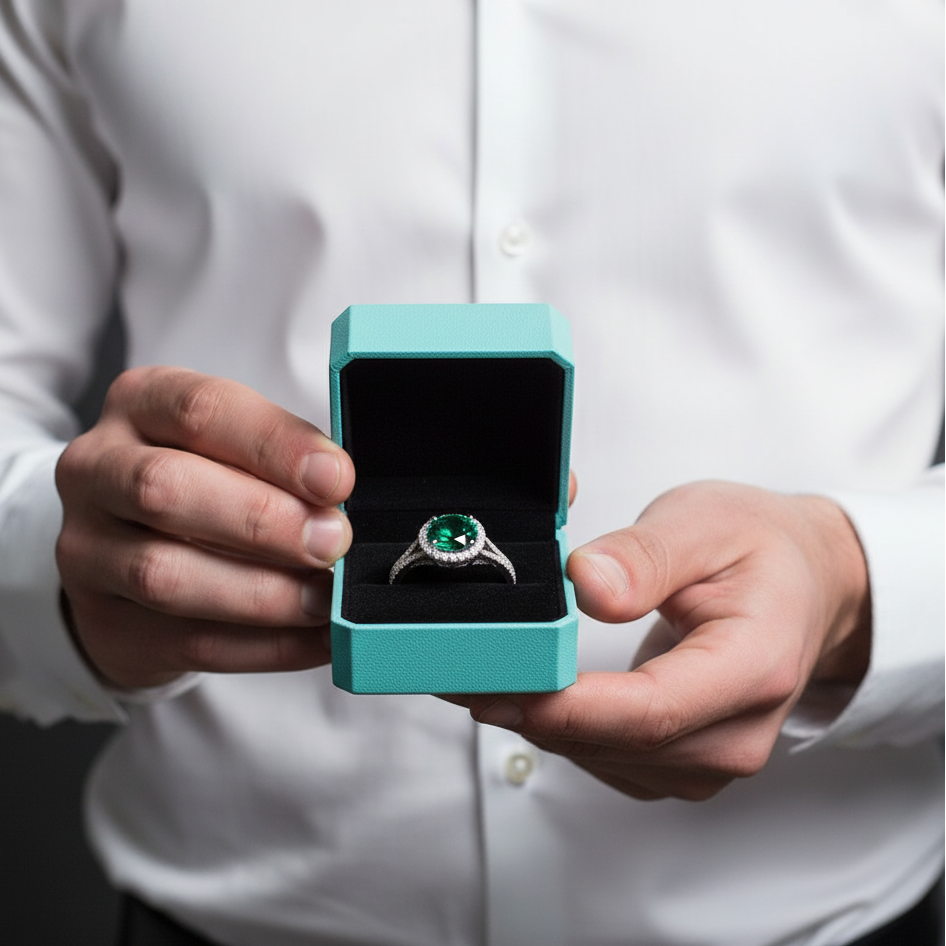 1.0 Ct Round Cut Emerald Birthstone Halo Engagement Ring-Evani Jewelry