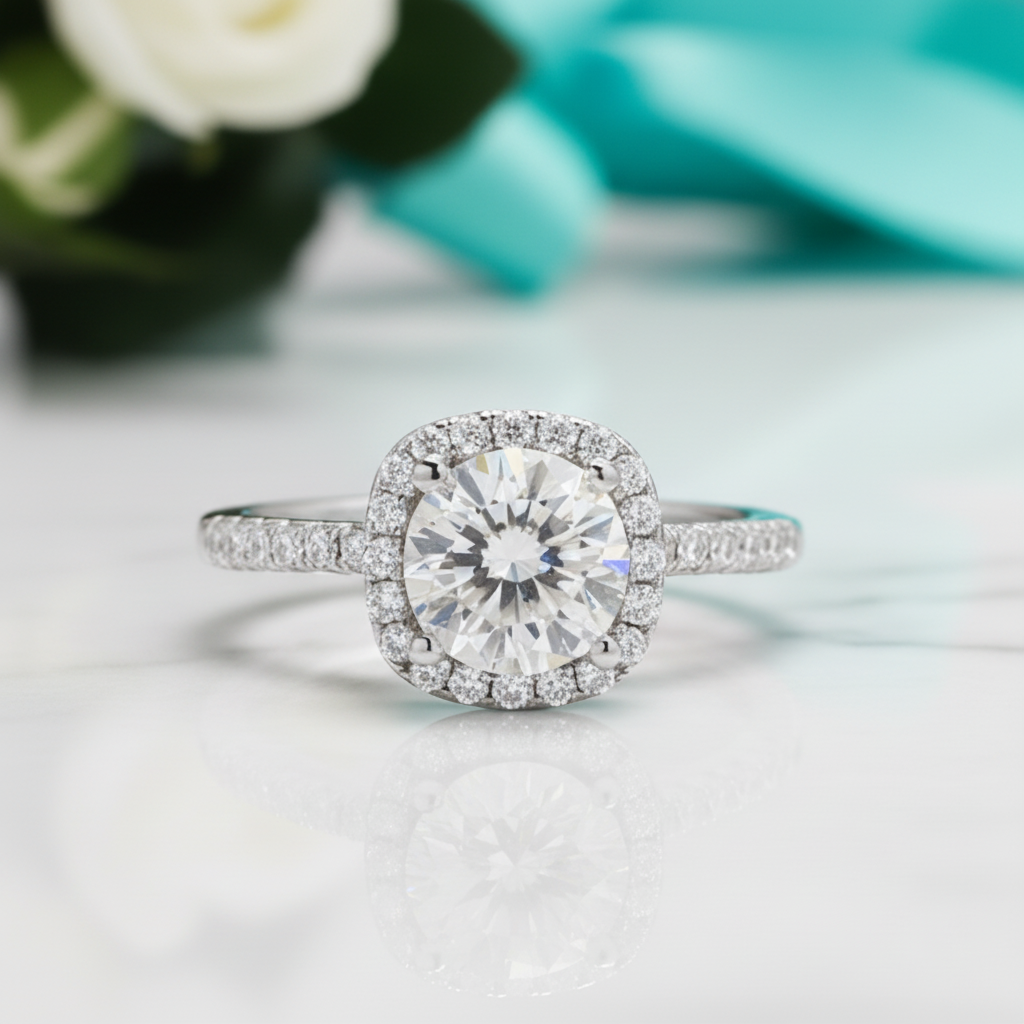 1.0 Ct Round Cut Diamond Halo Engagement Ring-Evani Jewelry