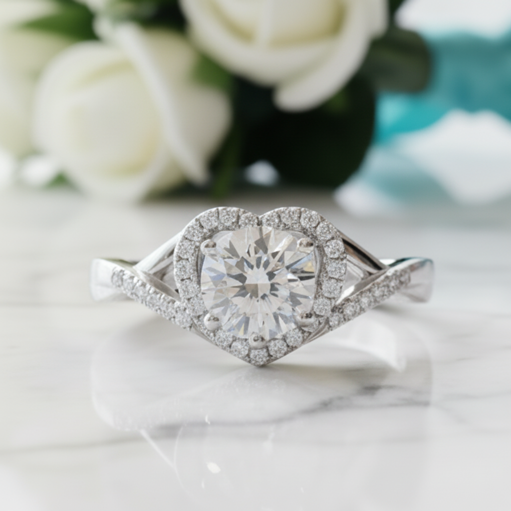 1.0 Ct Round Cut Diamond Heart Style Engagement Ring-Evani Jewelry