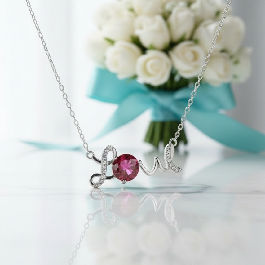 1.0 Ct Round Cut Ruby Love Necklace Birthstone