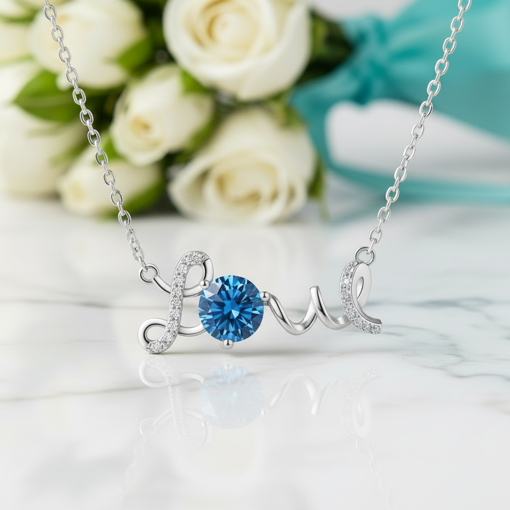 1.0 Ct Round Cut Sapphire Birthstone Love Necklace