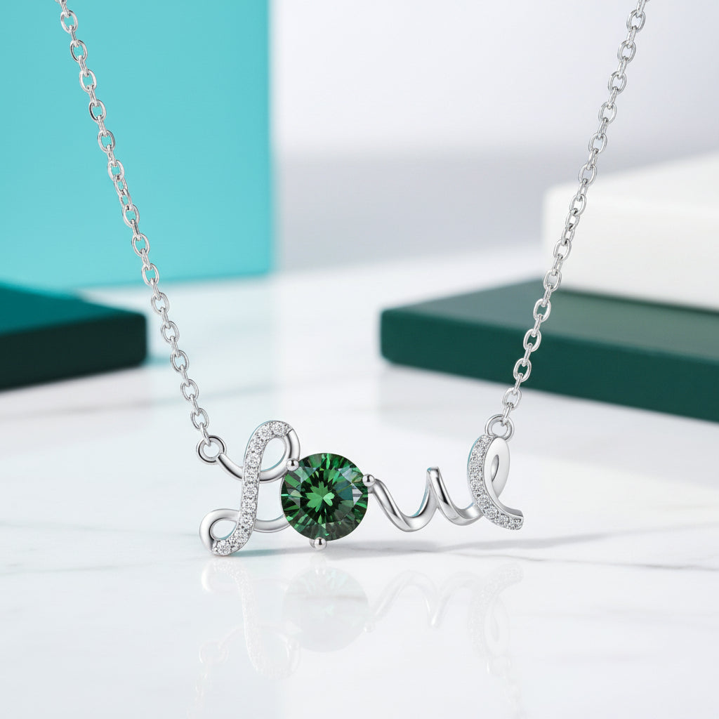 1.0 Ct Round Cut Emerald Birthstone Love Necklace-Evani Jewelry