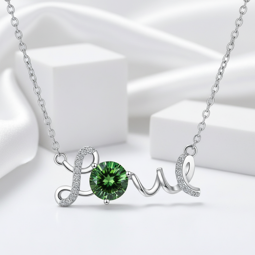 1.0 Ct Round Cut Emerald Birthstone Love Necklace-Evani Jewelry