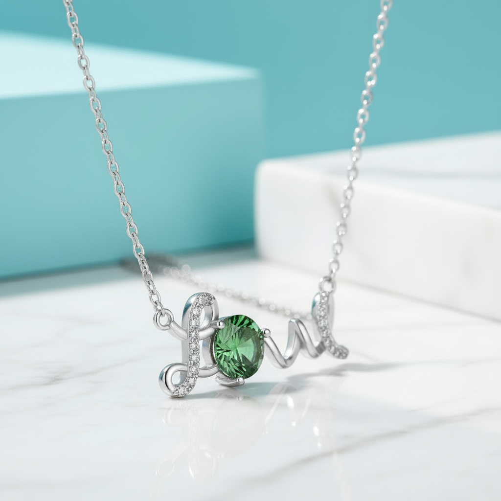 1.0 Ct Round Cut Emerald Birthstone Love Necklace-Evani Jewelry
