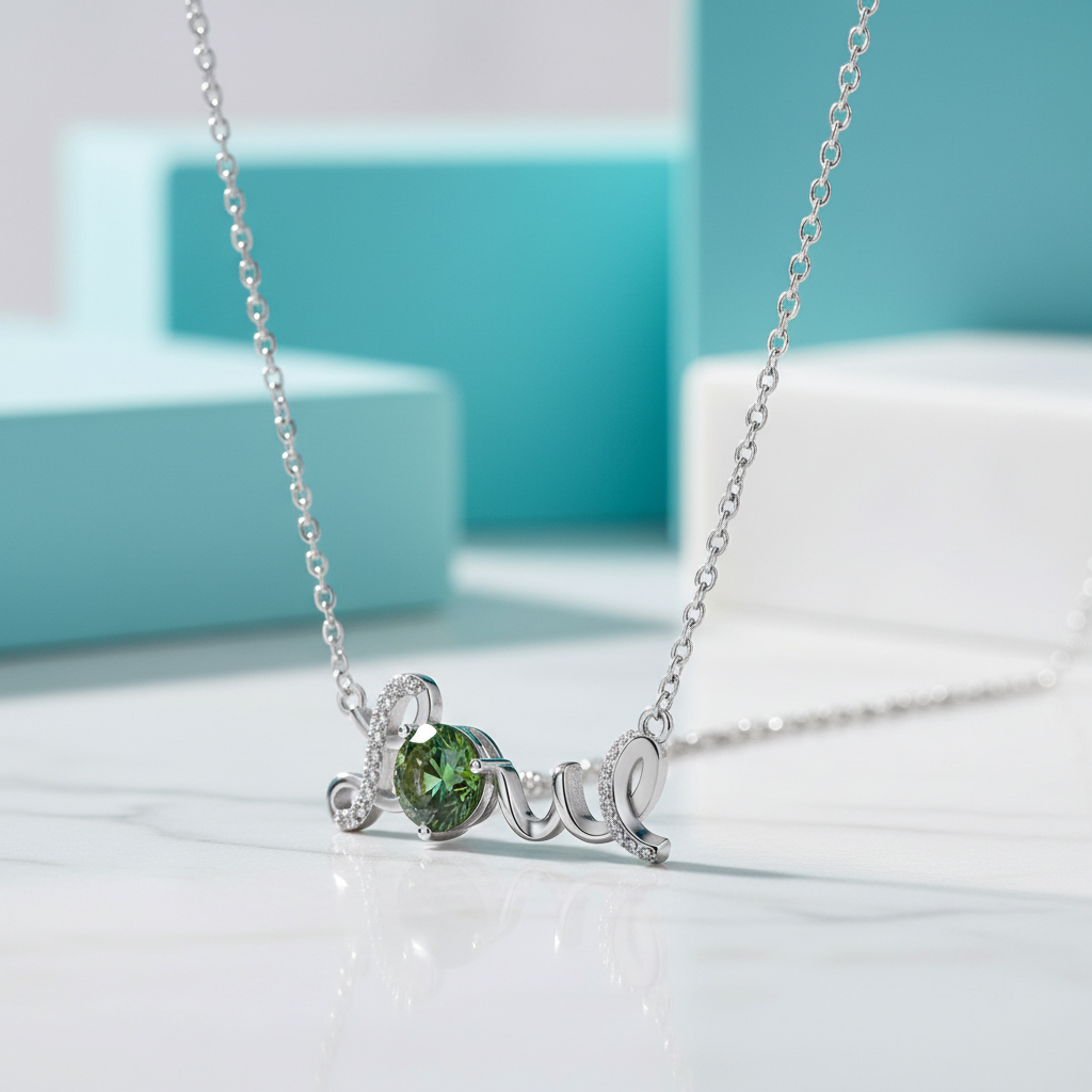 1.0 Ct Round Cut Emerald Birthstone Love Necklace-Evani Jewelry