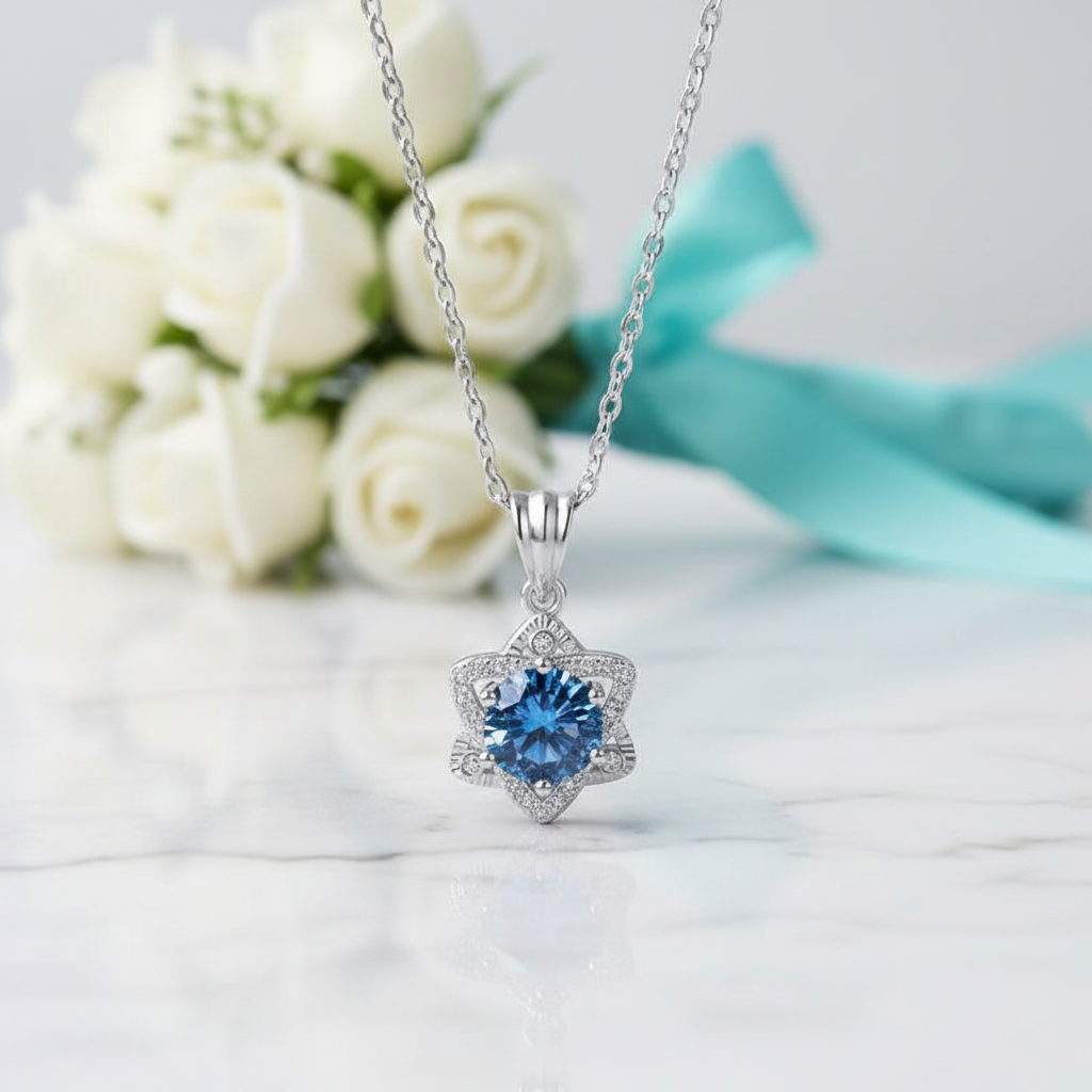 1.0 Ct Round Cut Sapphire Birthstone Star Pendant Necklace