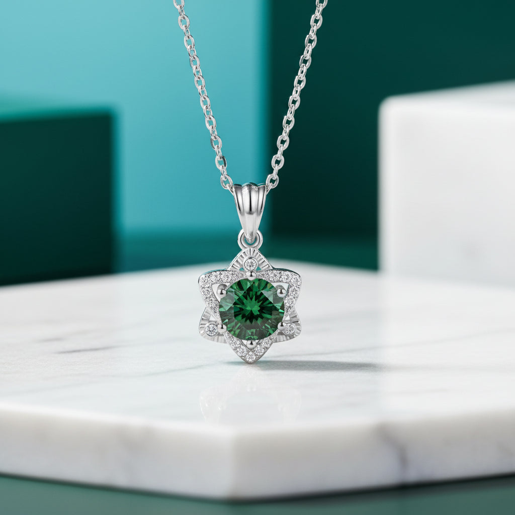 1.0 Ct Round Cut Emerald Birthstone Star Pendant Necklace-Evani Jewelry