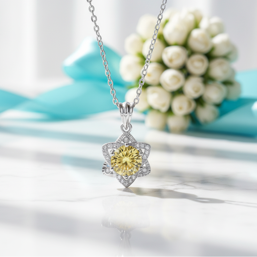 1.0 Ct Round Cut Star Topaz and Citrine Pendant Necklace