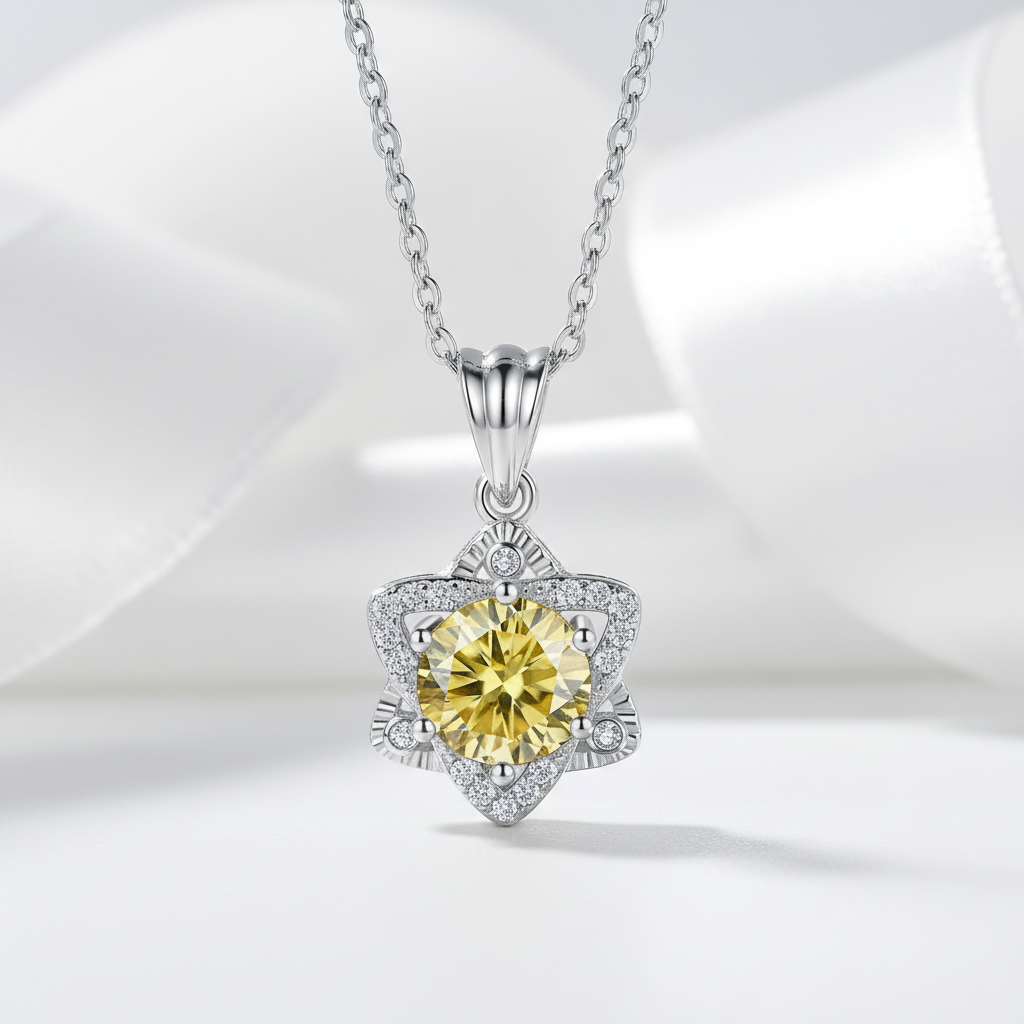 1.0 Ct Round Cut Star Topaz and Citrine Pendant Necklace