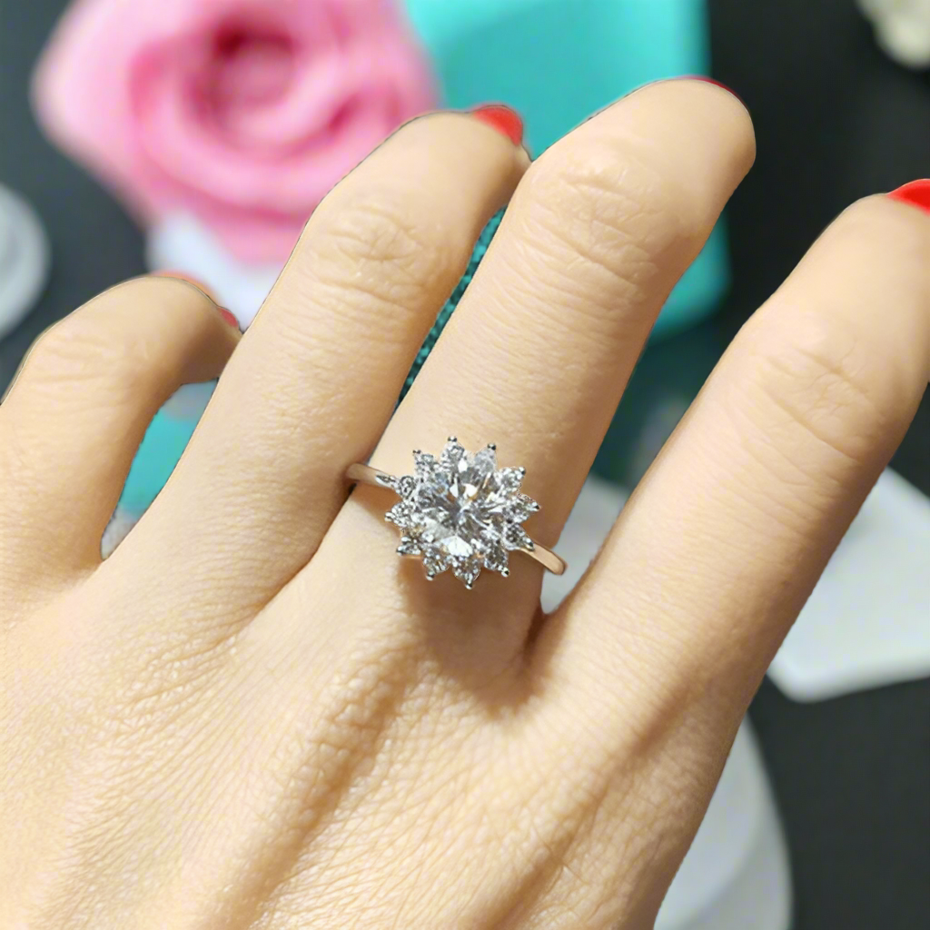 1.0 Ct Round Cut Sunflower Engagement Ring-Evani Jewelry