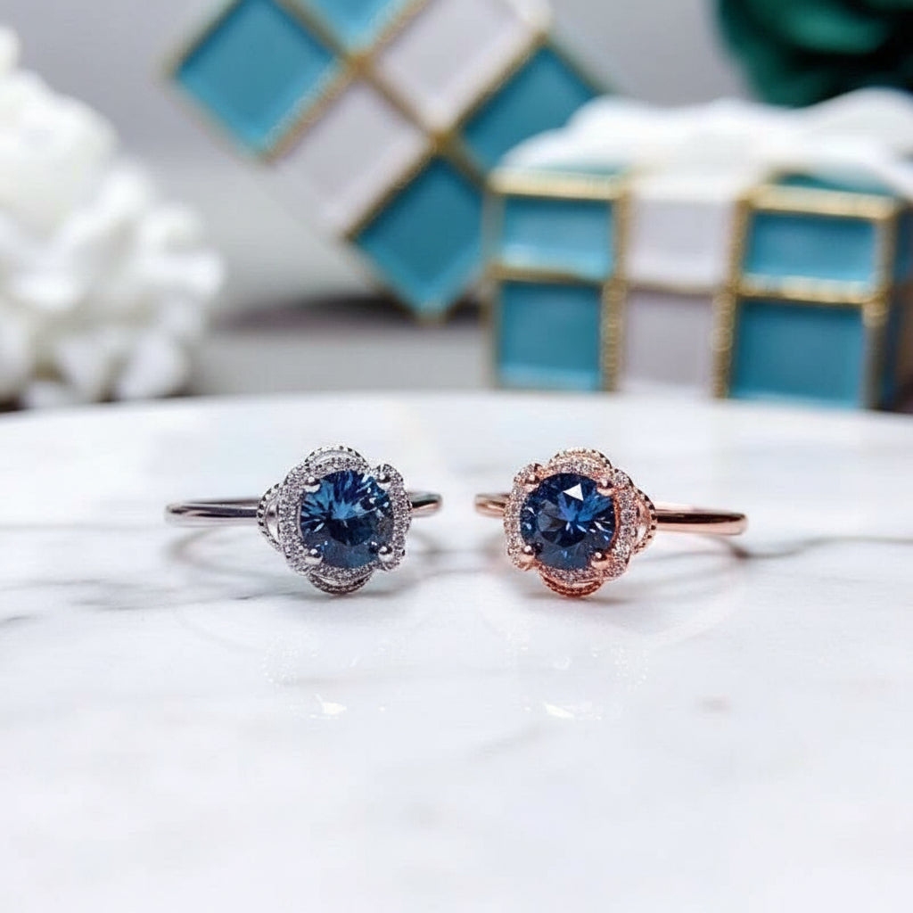 1.0 Ct Round Dark Blue Diamond Engagement Ring-Evani Jewelry