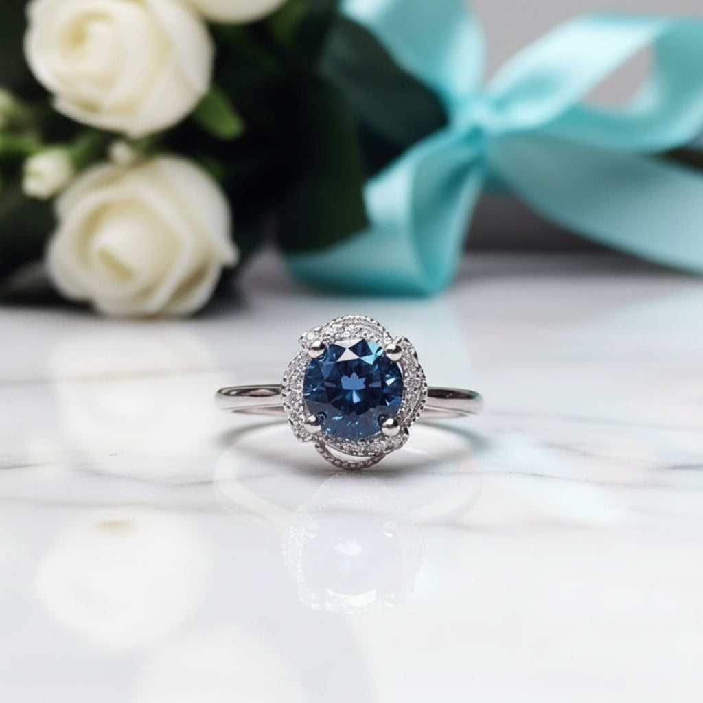 1.0 Ct Round Dark Blue Diamond Engagement Ring-Evani Jewelry