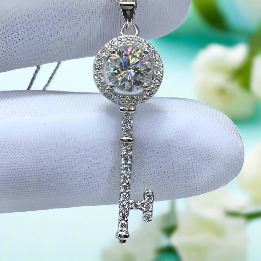 1.0 Ct Round Diamond Cute Key Shape Pendant Necklace-Evani Naomi Jewelry