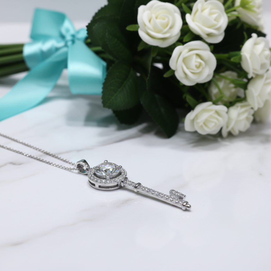 1.0 Ct Round Diamond Cute Key Shape Pendant Necklace-Evani Jewelry