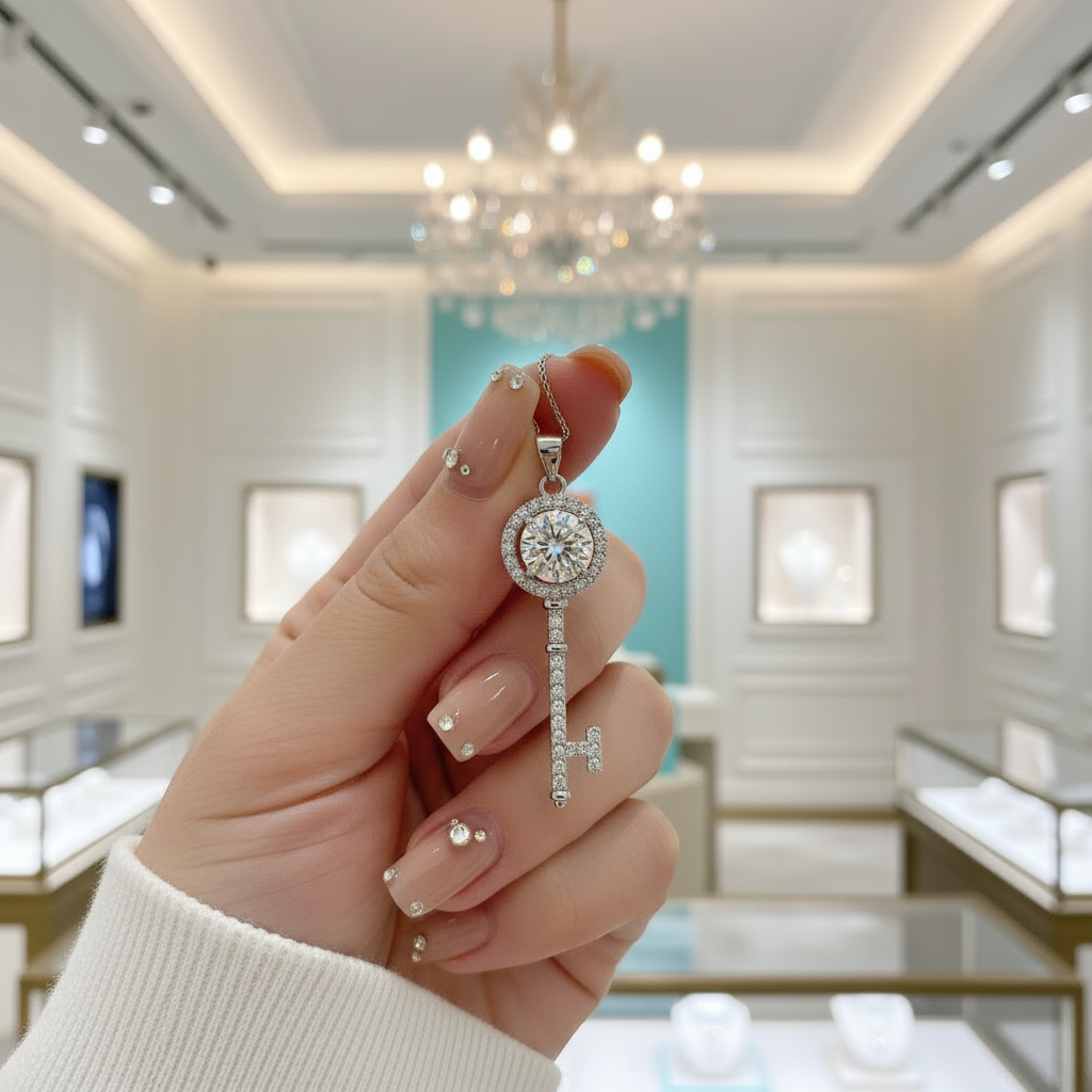 1.0 Ct Round Diamond Cute Key Shape Pendant Necklace-Evani Jewelry