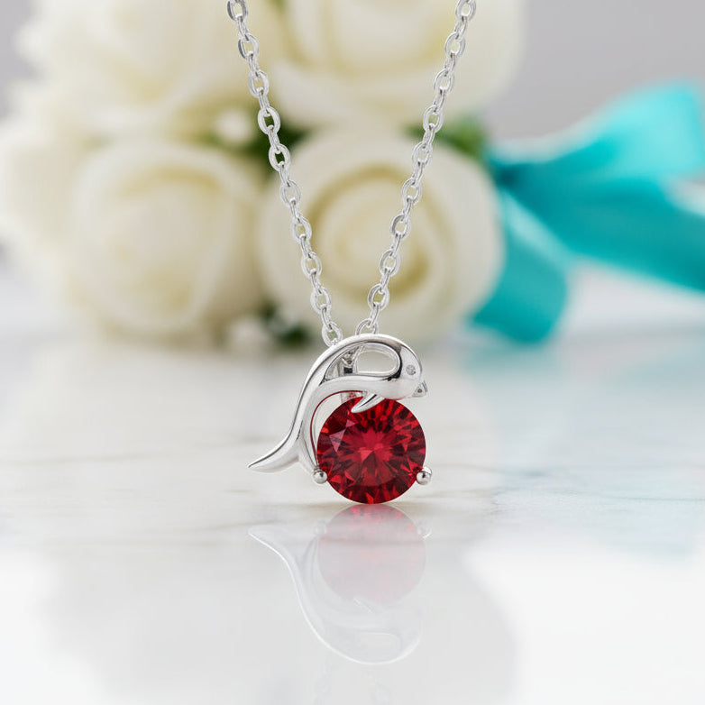 1.0 Ct Round Cut Ruby Dolphin Pendant Necklace-Evani Jewelry