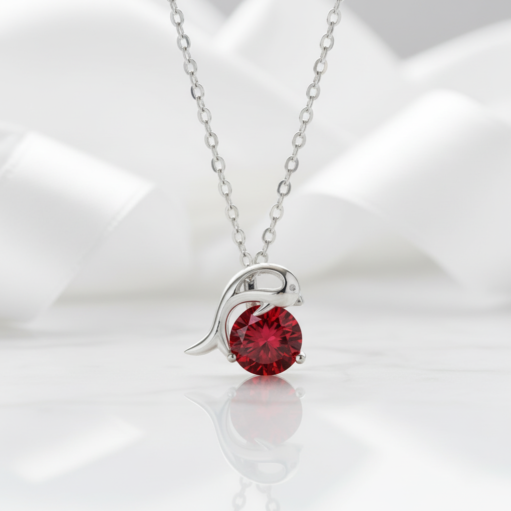1.0 Ct Round Cut Ruby Dolphin Pendant Necklace-Evani Jewelry