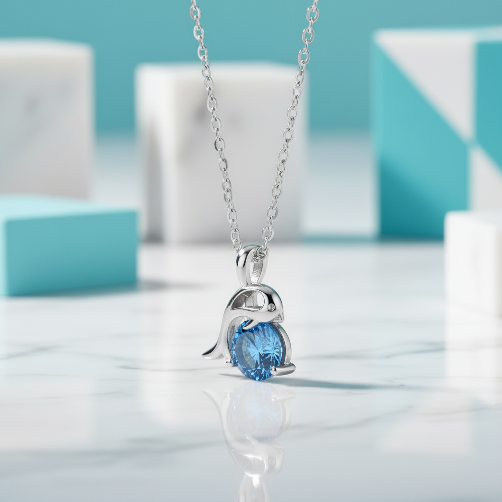 1.0 Ct Round Cut Sapphire Dolphin Pendant Necklace