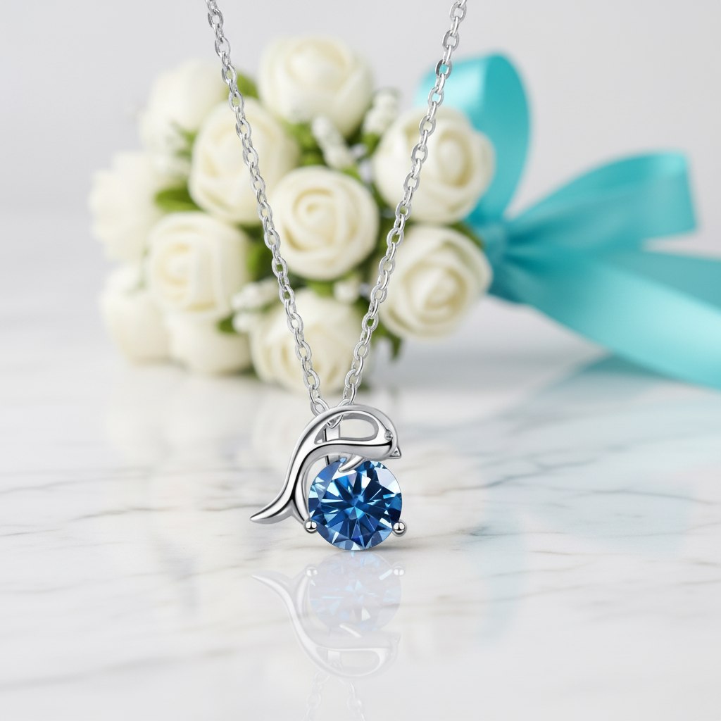 1.0 Ct Round Cut Sapphire Dolphin Pendant Necklace - Evani Naomi Jewelry