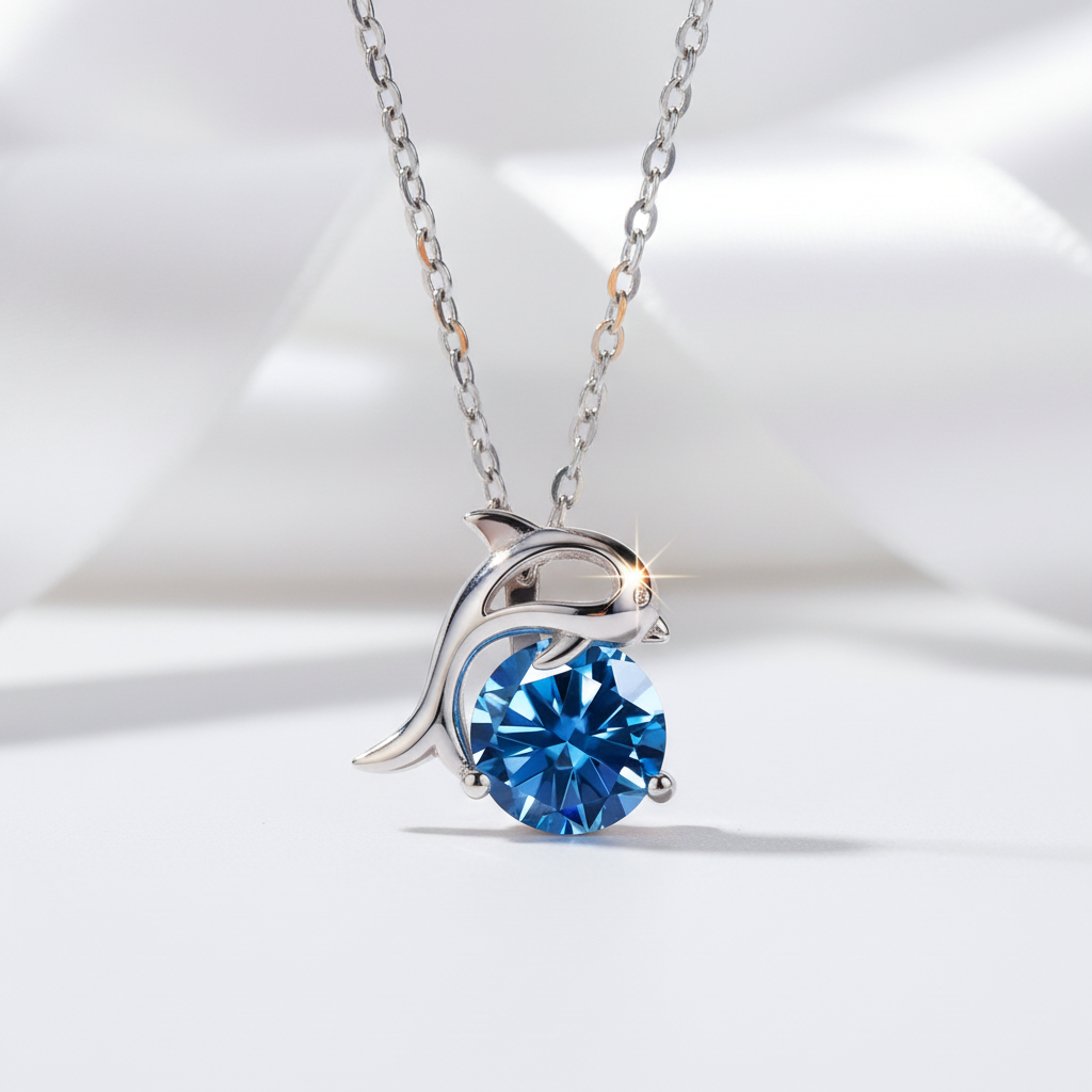 1.0 Ct Round Cut Sapphire Dolphin Pendant Necklace