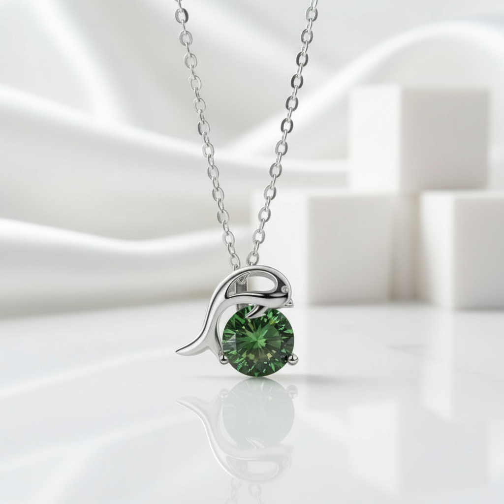 1.0 Ct Round Cut Emerald Dolphin Pendant Necklace-Evani Jewelry