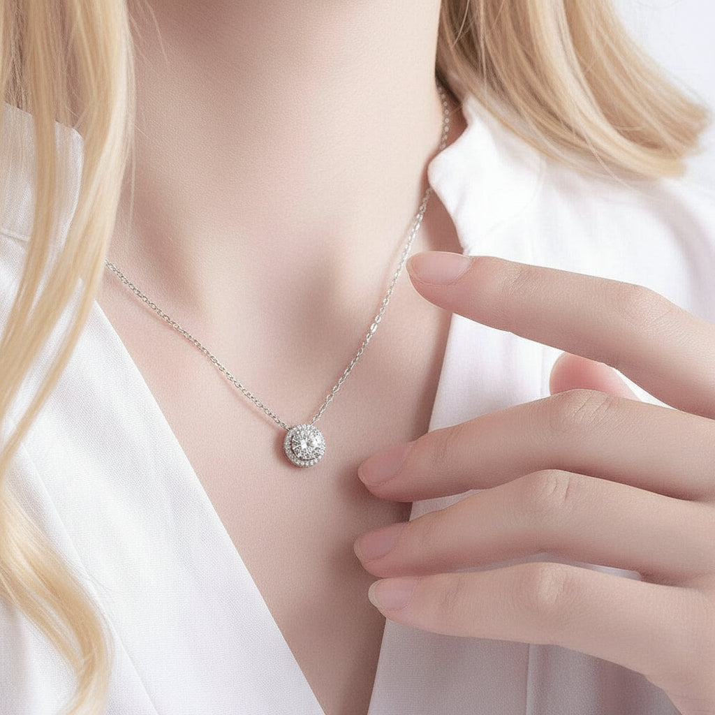 1.0 Ct Round Diamond Halo Pedant Necklace-Evani Jewelry