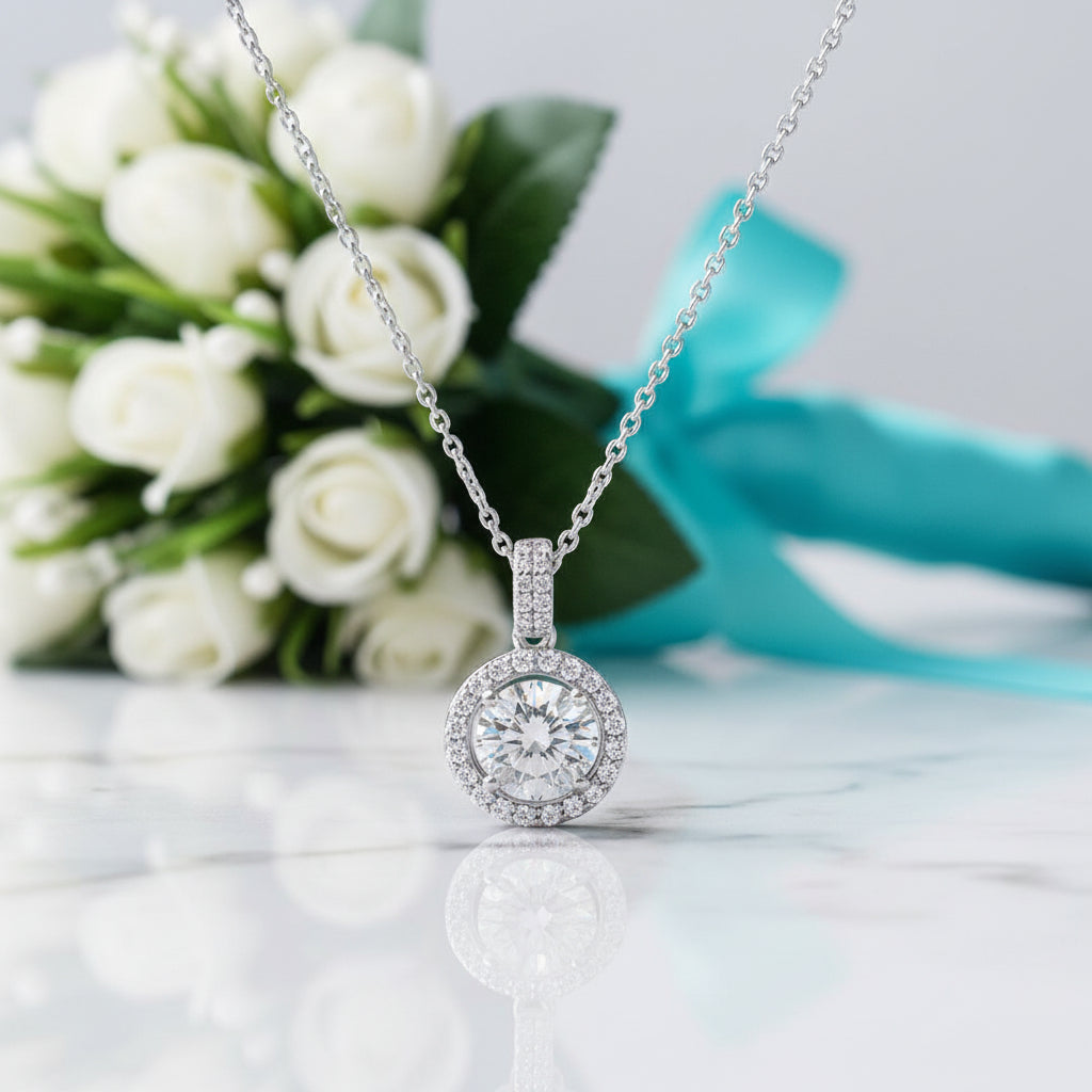 1.0 Ct Round Diamond Halo Pendant Necklace-Evani Jewelry