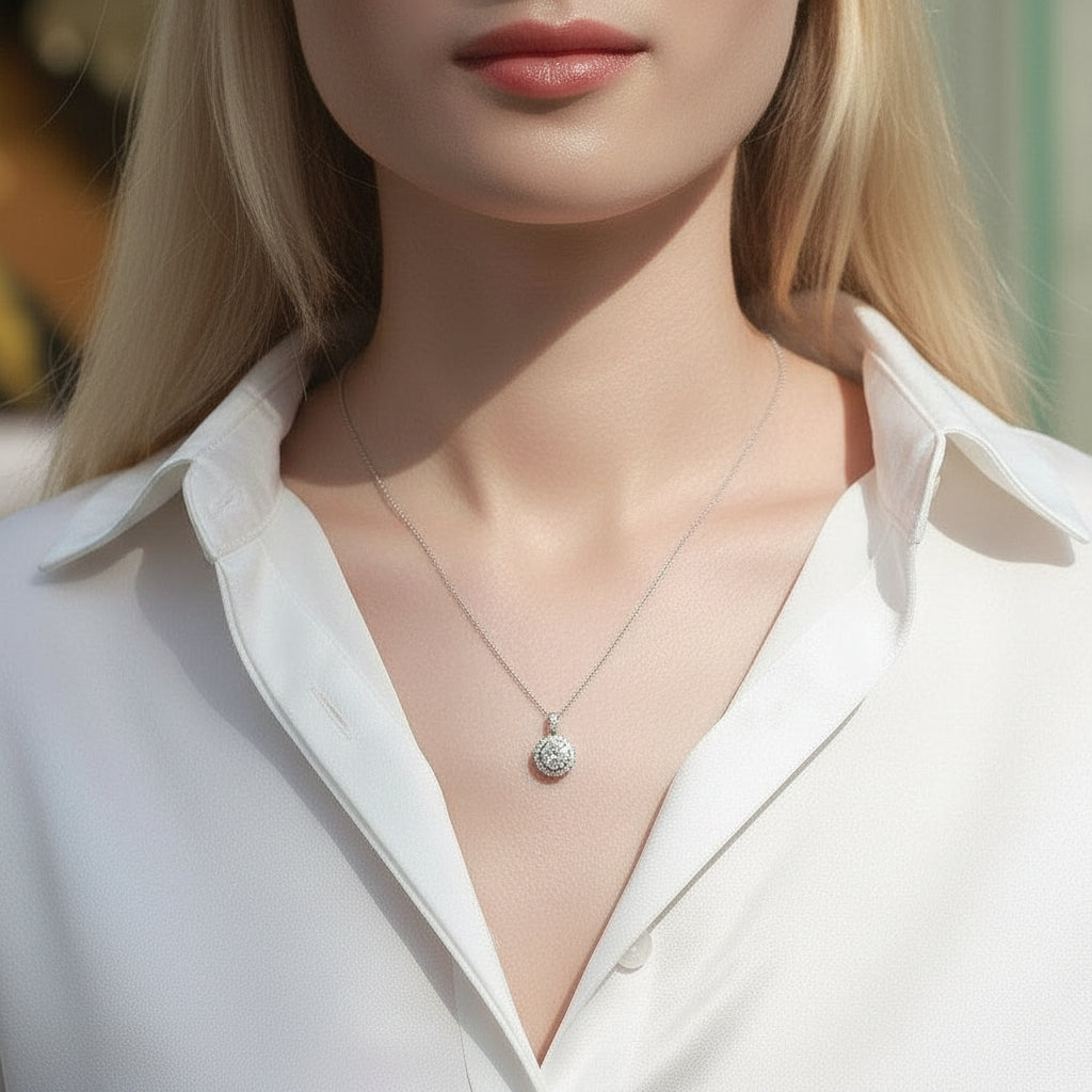 1.0 Ct Round Diamond Halo Pendant Necklace-Evani Jewelry