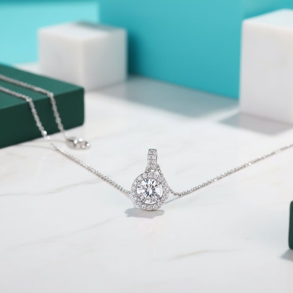 1.0 Ct Round Diamond Halo Pendant Necklace-Evani Jewelry