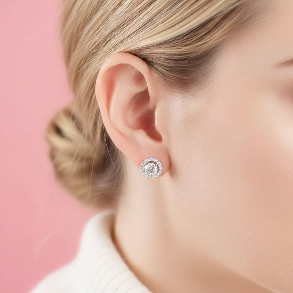 1.0 Ct Round Diamond Halo Stud Earrings-Evani Jewelry