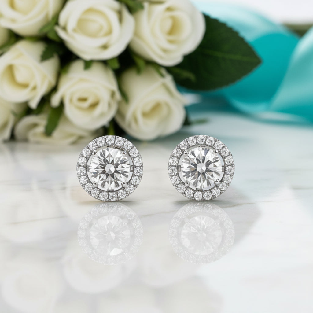 1.0 Ct Round Diamond Halo Stud Earrings-Evani Jewelry