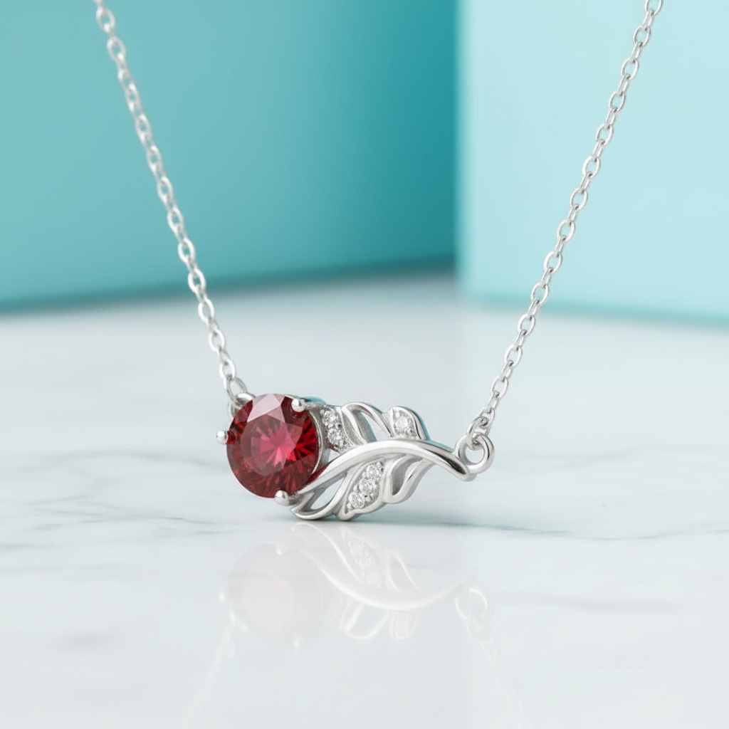 1.0 Ct Round Cut Ruby Lucky Leaf Necklace-Evani Jewelry