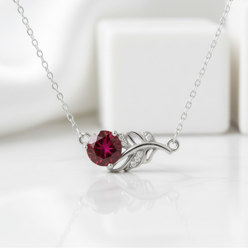 1.0 Ct Round Cut Lucky Leaf Garnet Necklace-Evani Jewelry