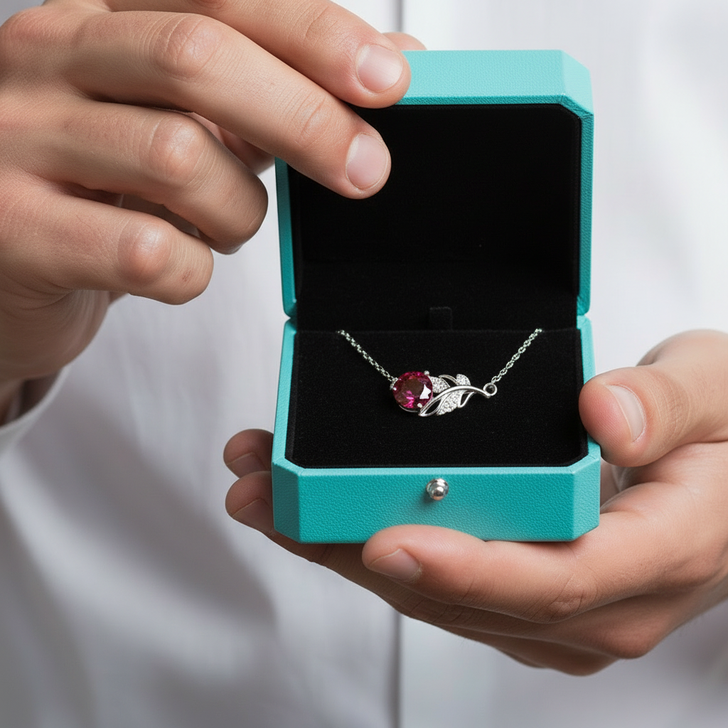 1.0 Ct Round Cut Ruby Lucky Leaf Necklace-Evani Jewelry