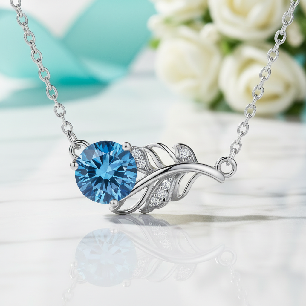 1.0 Ct Round Cut Sapphire Birthstone Lucky Leaf Necklace