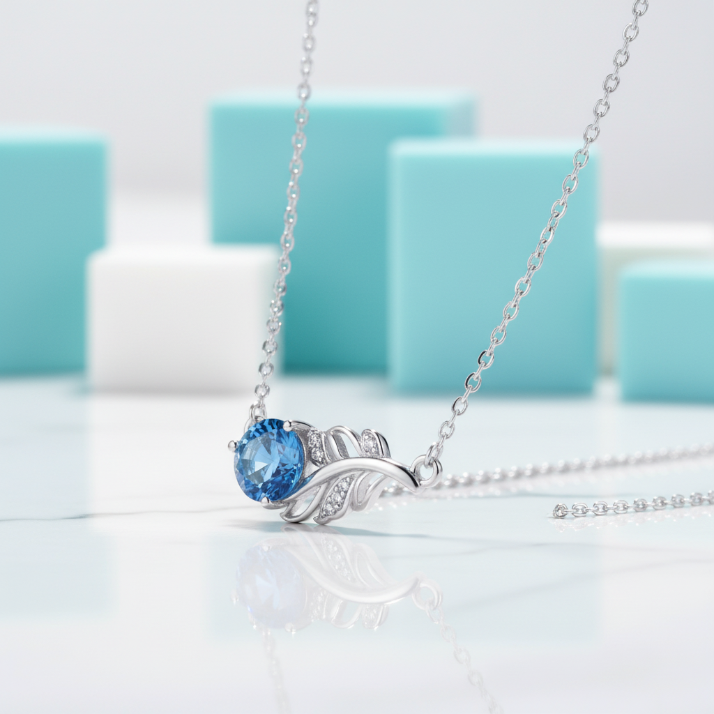 1.0 Ct Round Cut Sapphire Birthstone Lucky Leaf Necklace-Evani Jewelry