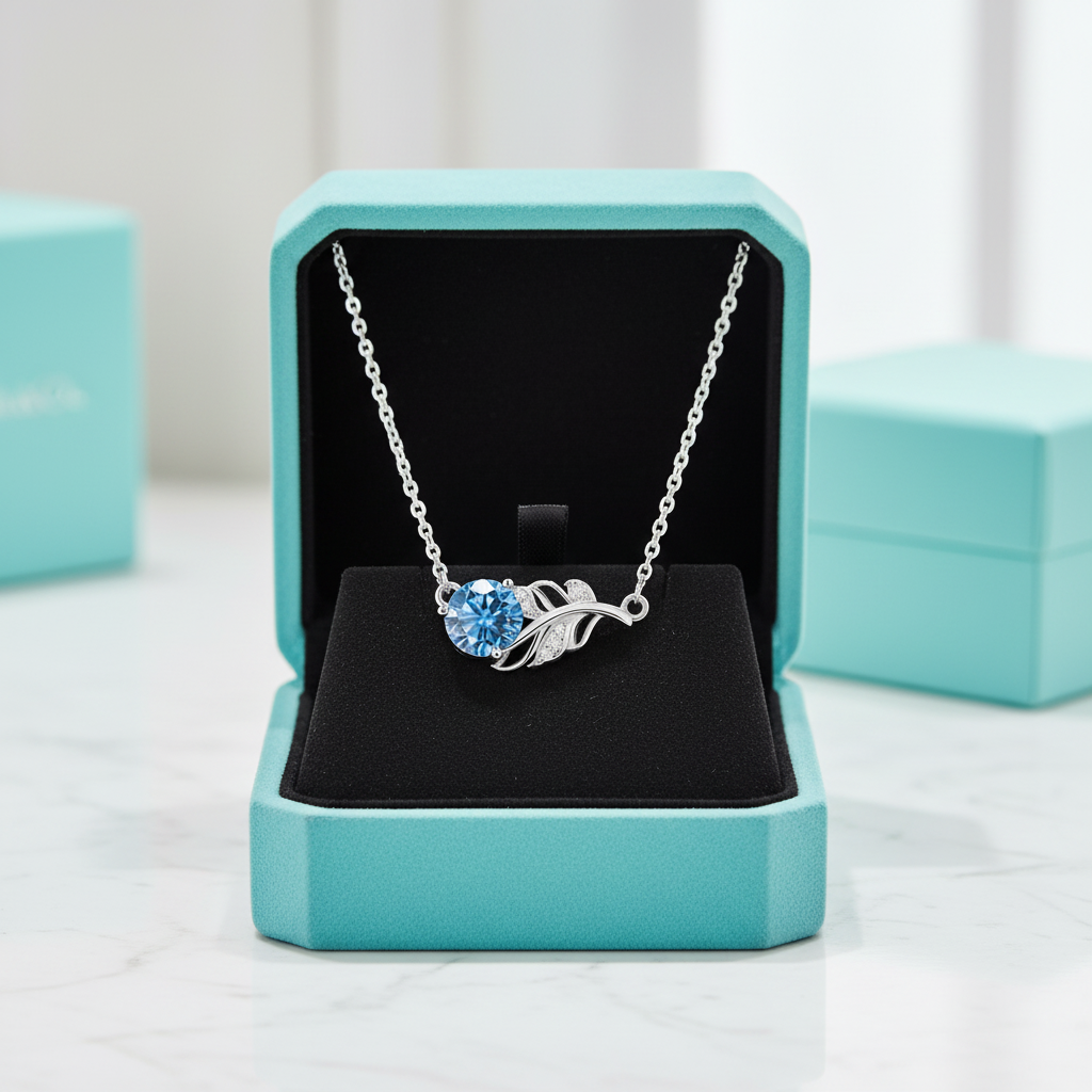 1.0 Ct Round Cut Sapphire Birthstone Lucky Leaf Necklace-Evani Jewelry