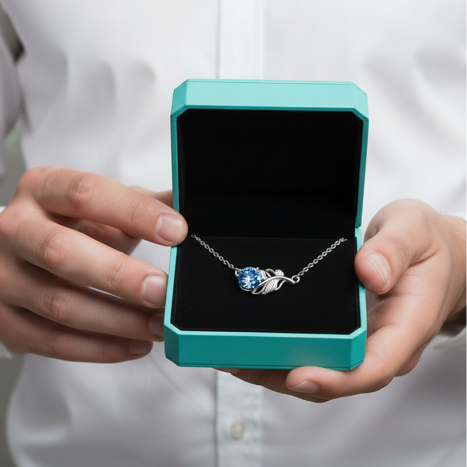 1.0 Ct Round Cut Sapphire Birthstone Lucky Leaf Necklace-Evani Jewelry