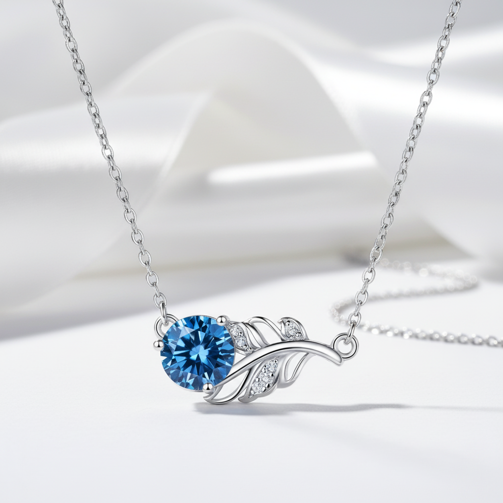 1.0 Ct Round Cut Sapphire Birthstone Lucky Leaf Necklace-Evani Jewelry