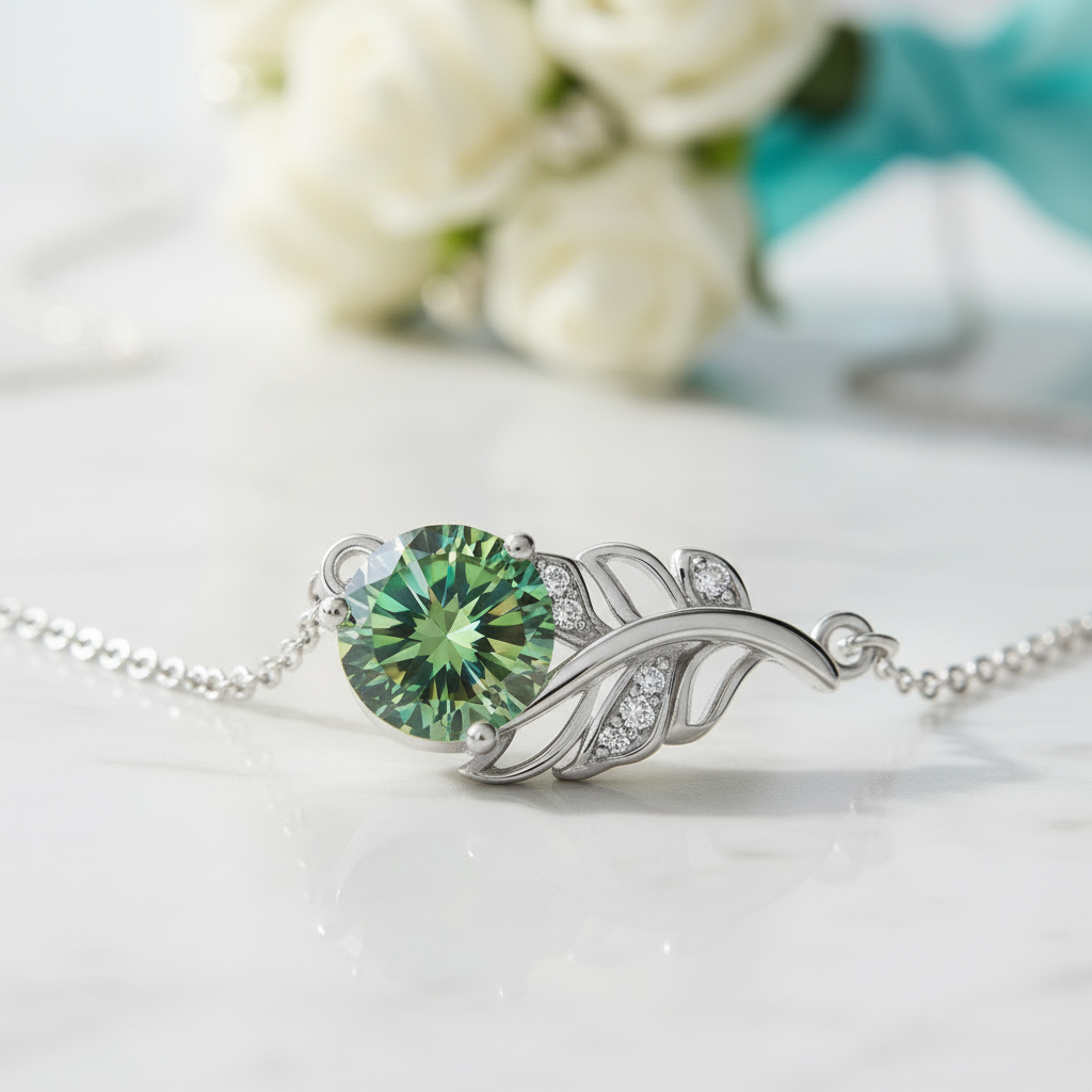1.0 Ct Round Cut Peridot Birthstone Lucky Leaf Necklace